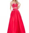 Rachel Allan Two-piece Matte Satin Beaded Prom Gown In Red In Red