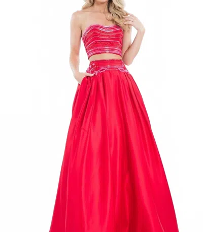 Rachel Allan Two-piece Matte Satin Beaded Prom Gown In Red