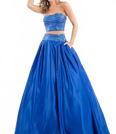 Rachel Allan Two-piece Matte Satin Beaded Prom Gown In Royal In Blue