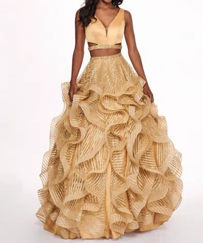 Rachel Allan Two-piece Matte Satin Ruffled Gown In Deep Gold In Yellow