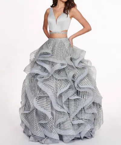 Rachel Allan Two-piece Matte Satin Ruffled Gown In Silver In Gray