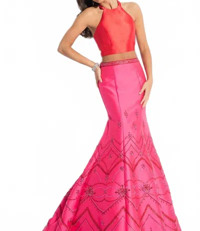 RACHEL ALLAN TWO-PIECE MIKADO MERMAID PROM GOWN IN RED/FUCHSIA