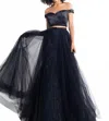 Rachel Allan Two-piece Off Shoulder Gown With Overskirt In Black In Black