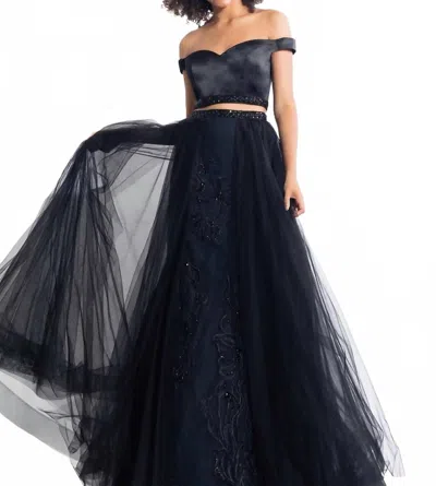 Rachel Allan Two-piece Off Shoulder Gown With Overskirt In Black