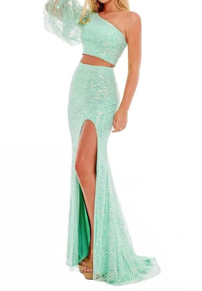 Rachel Allan Two-piece Sequin Single Shoulder Prom Dress In Aqua Mint In Green
