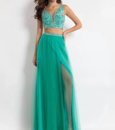 Rachel Allan Two-piece Sequin Tulle Evening Gown In Jade In Green