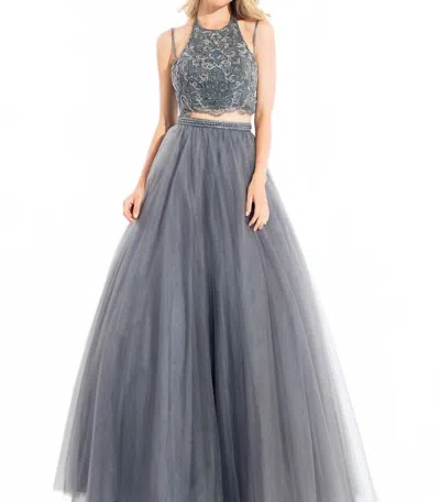 Rachel Allan Two-piece Strappy Tulle Prom Dress In Grey In Multi