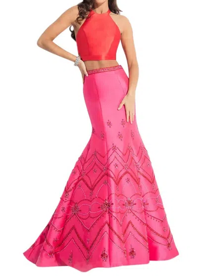 Rachel Allan Two-tone Mermaid Gown In Red/fuchsia In Pink