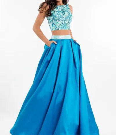 Rachel Allan Two-piece Beaded Mikado Prom Gown In Mint/ocean In Blue