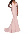Rachel Allan V-neck Fitted Crinckled Foil Jersey Evening Gown In Blush In Pink