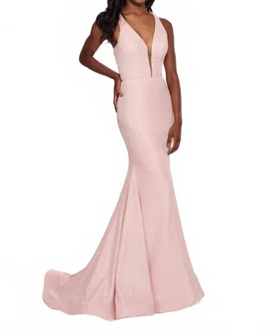 Rachel Allan V-neck Fitted Crinckled Foil Jersey Evening Gown In Blush In Pink