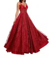 Rachel Allan V-neck Satin Prom Gown With Glitter Tulle In Red In Red