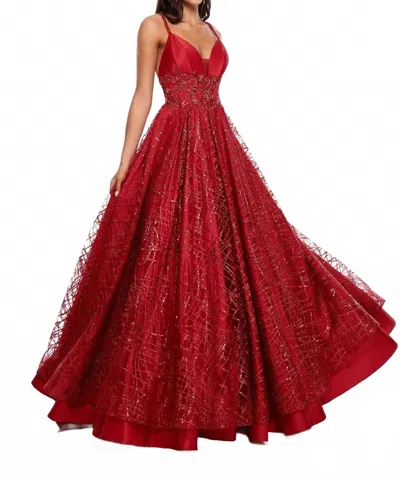 Rachel Allan V-neck Satin Prom Gown With Glitter Tulle In Red