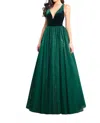 Rachel Allan Velvet V Neck A-line Prom Gown In Hunter Green In Green