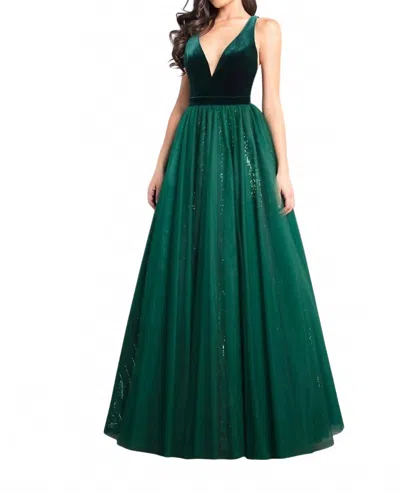 Rachel Allan Velvet V Neck A-line Prom Gown In Hunter Green