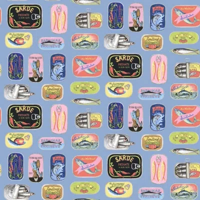 Rachel Antonoff Sardine Tins Matte Vinyl 18' L X 20.5" W Peel And Stick Wallpaper Roll In Blue