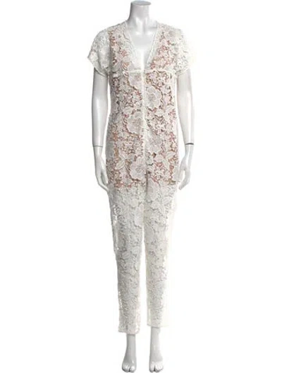 Pre-owned Rachel Comey Lace Pattern V-neck Jumpsuit In White