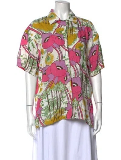 Pre-owned Rachel Comey Linen Floral Print Blouse In White