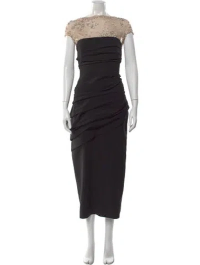 Pre-owned Rachel Gilbert Bateau Neckline Midi Length Dress In Black