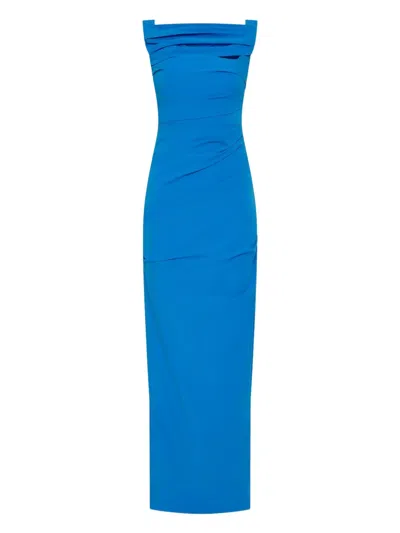 Rachel Gilbert Camille Cowl-neck Draped Gown In Blue