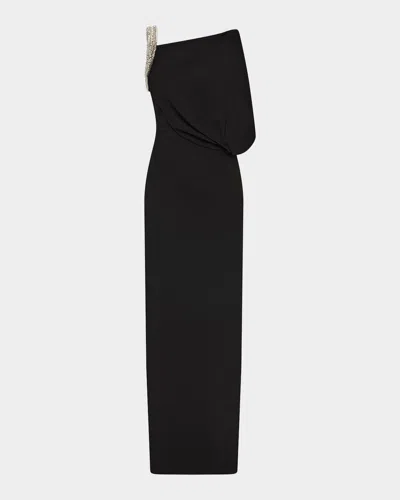 Rachel Gilbert Claudelle Embellished Asymmetric Draped Column Gown In Black