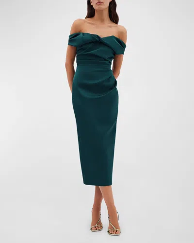 Rachel Gilbert Daria Twisted Draped Off-the-shoulder Midi Dress In Forest