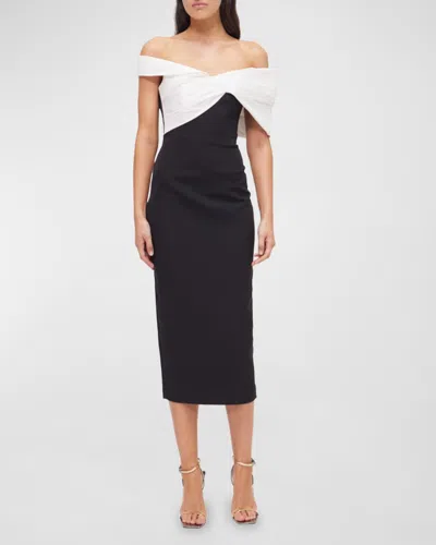 Rachel Gilbert Delila Bow Off-the-shoulder Midi Dress In Blackwhite