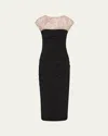 Rachel Gilbert Dottie Floral Crystal Sheer Draped Dress