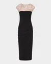 Rachel Gilbert Dottie Floral Crystal Sheer Draped Dress