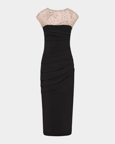Rachel Gilbert Dottie Floral Crystal Sheer Draped Dress