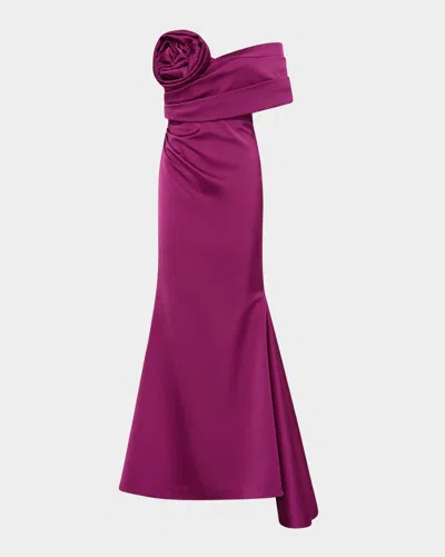 Rachel Gilbert Edan Rosette Off-the-shoulder Trumpet Gown In Magenta