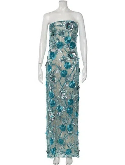 Pre-owned Rachel Gilbert Floral Print Long Dress In Blue
