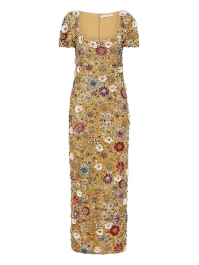 Rachel Gilbert Francesca Embellished Floral Maxi Dress In Gold