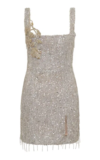 Rachel Gilbert Frank Crystal Fringe Mini Dress In Silver