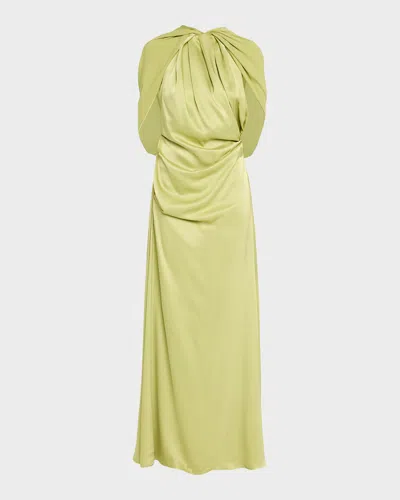 Rachel Gilbert Hallie Draped Satin Cape-sleeve Gown In Green