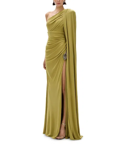 Rachel Gilbert Jordan Asymmetric Cape Sleeve Gown In Green