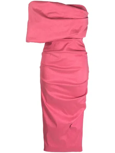 Rachel Gilbert Kat Ruched Asymmetric Midi Dress In Pink