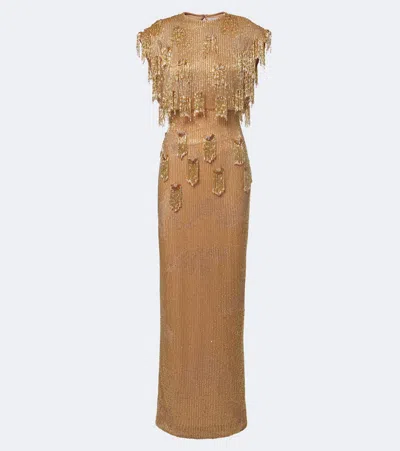 Rachel Gilbert Lani Caped Beaded Gown In Brown