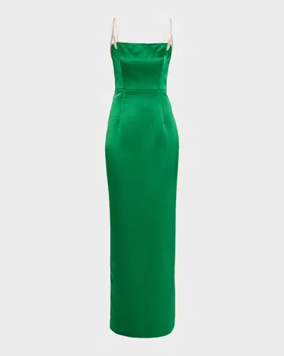 Rachel Gilbert Leora Crystal Strap Satin Column Gown In Green