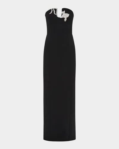 Rachel Gilbert Leura Crystal Flower Strapless Column Gown In Black