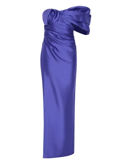 Rachel Gilbert Marlo Ruched Off-shoulder Gown In Blue