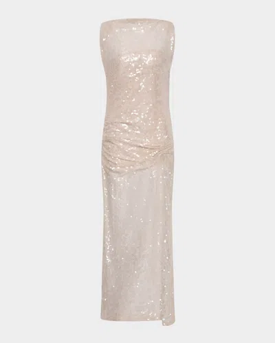 Rachel Gilbert Marlow Sleeveless Sheer Sequined Gown In Sand
