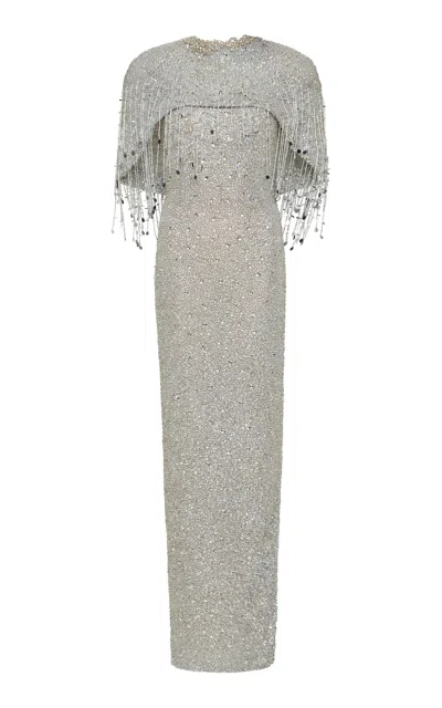 Rachel Gilbert Nala Crystal-embellished Cape Gown In Gray