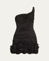 Rachel Gilbert Ochre Ruched One-shoulder Bubble Hem Mini Dress In Black