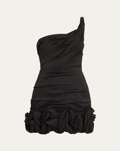 Rachel Gilbert Ochre Ruched One-shoulder Bubble Hem Mini Dress In Black