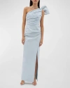 RACHEL GILBERT OLIVE PLEATED DRAPED ONE-SHOULDER BOW SIDE-SLIT GOWN