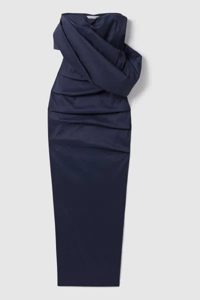 Rachel Gilbert One Sleeve Ruched Maxi Dress In Navy