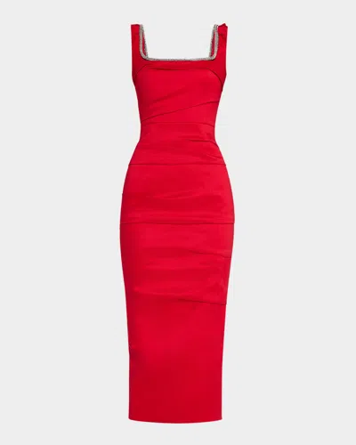 Rachel Gilbert Onyx Crystal Sleeveless Draped Midi Dress In Bright Red