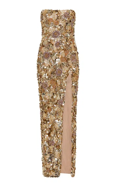 Rachel Gilbert Pepito Crystal Embellished Tulle Gown In Gold