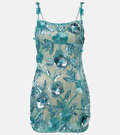 Rachel Gilbert Pierre Beaded Floral-appliqué Minidress In Blue